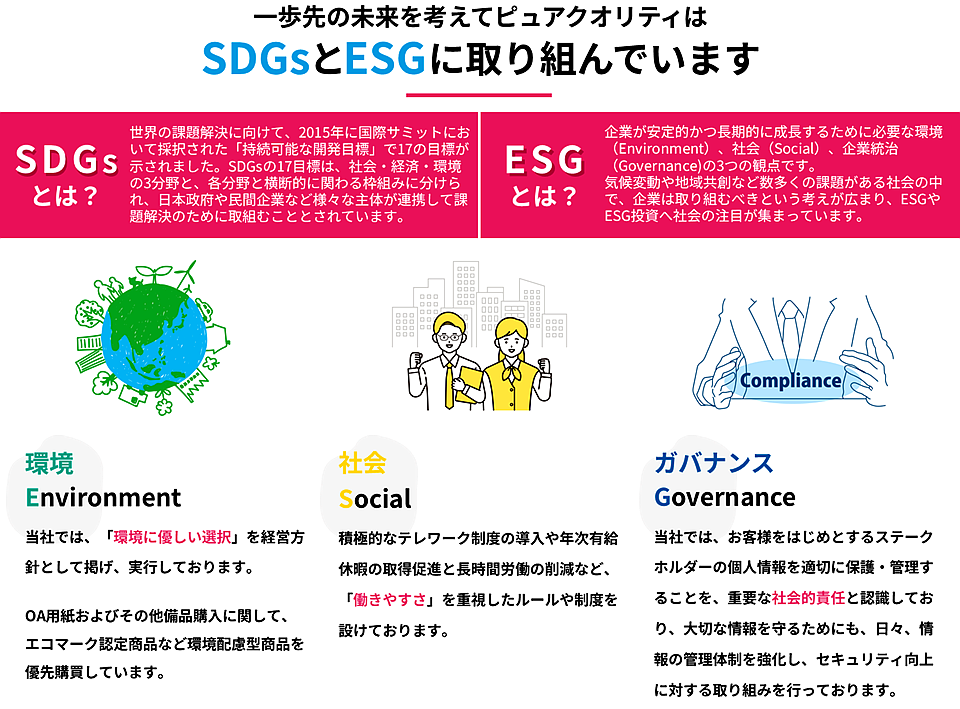 一歩先の未来を考えてピュアクオリティはSDGsとESGに取り組んでいます