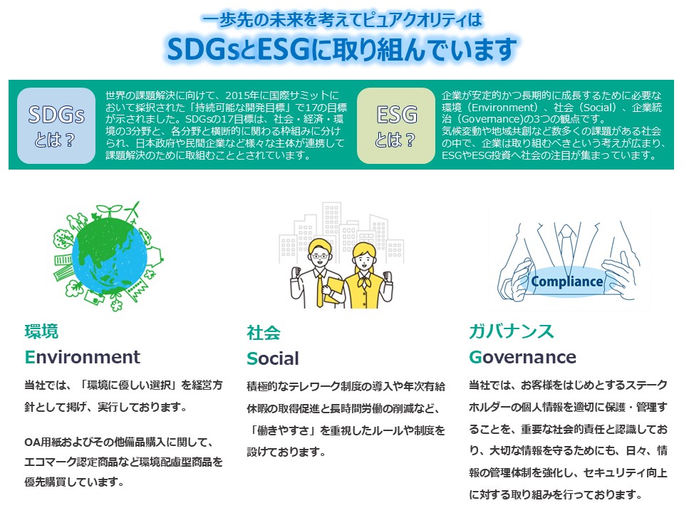 一歩先の未来を考えてピュアクオリティはSDGsとESGに取り組んでいます
